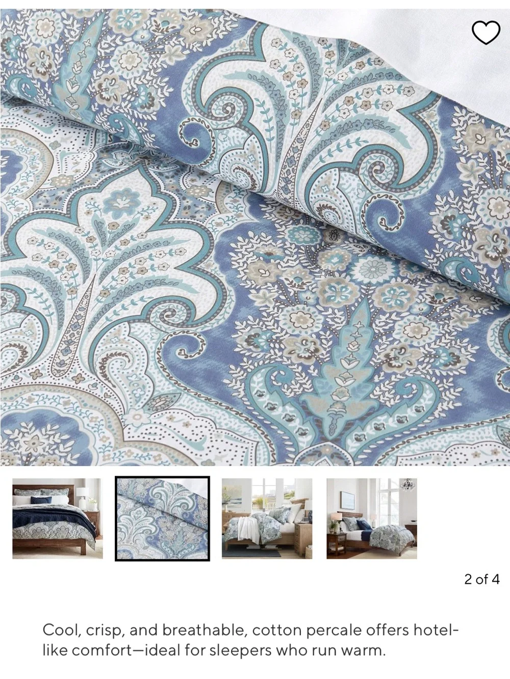 Pottery Barn Blue Paisley Percale Duvet Cover - Classic Blue.